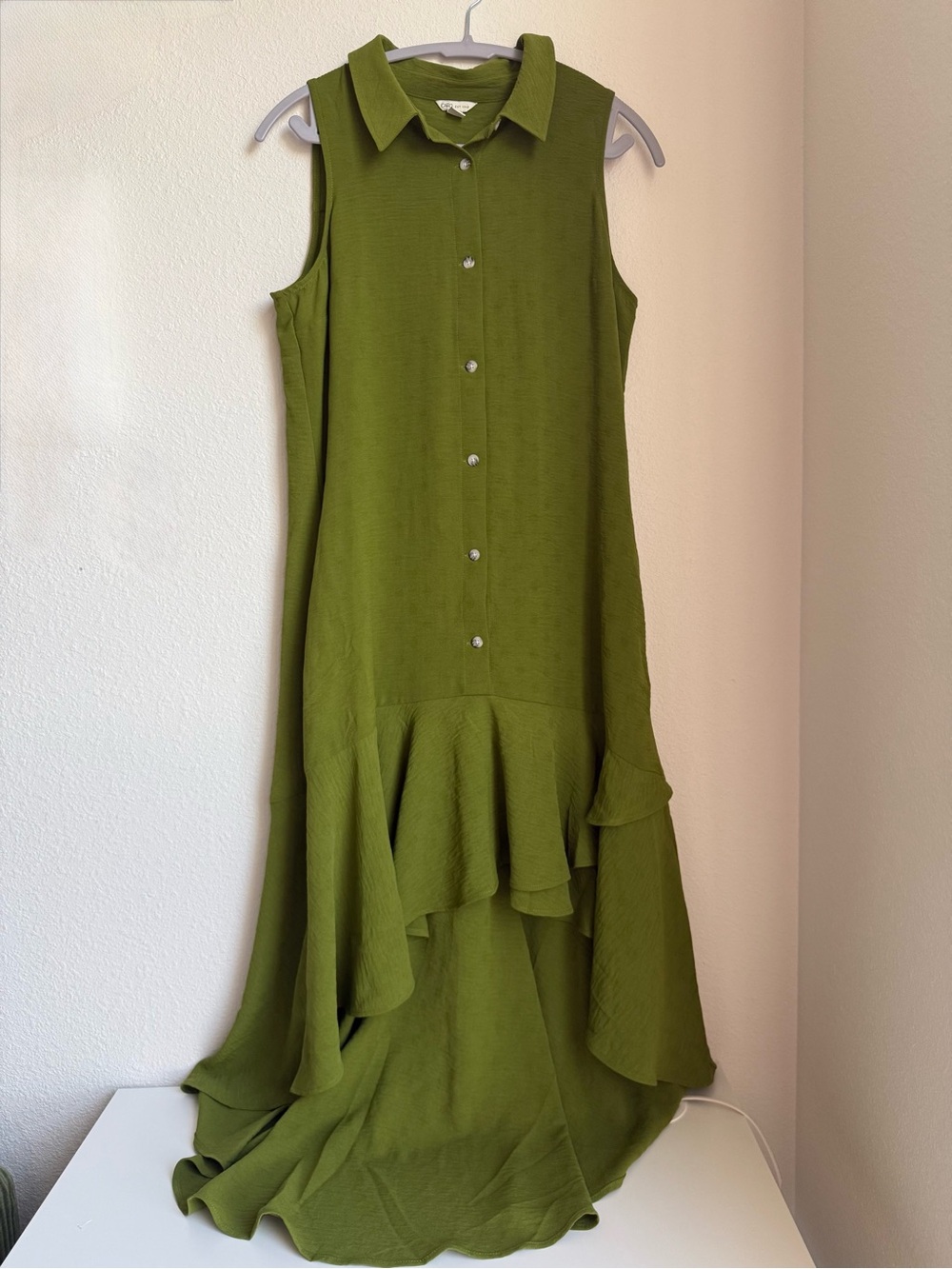 Sleeveless Business Casual Textured Olive Green Ruffle Hem High-Low Shirt Dress